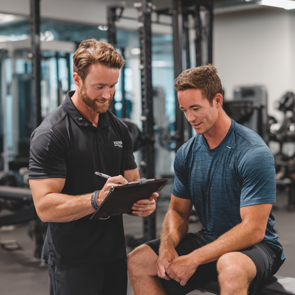 Professional fitness trainer consulting with male client in modern training facility