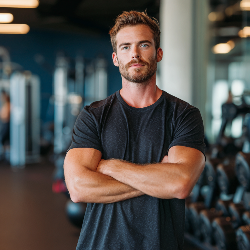 Strong confident man in modern gym setting with weights and exercise equipment