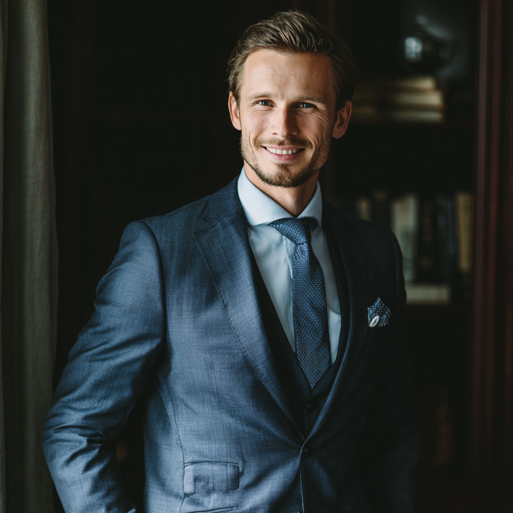 Before and after transformation showing confident male client in business attire and workout gear